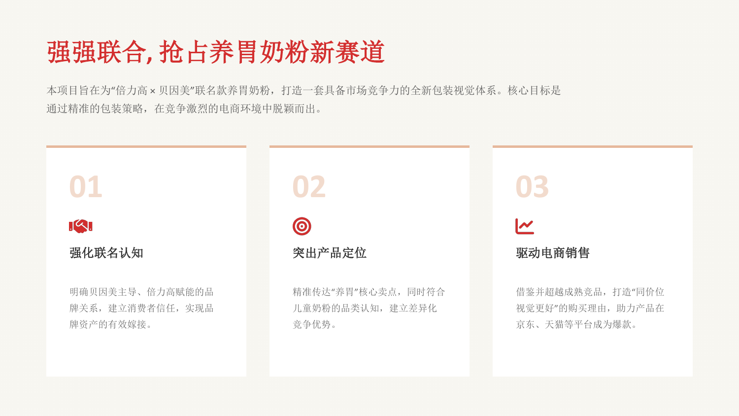 旧站项目中“倍力高×贝因美联名养胃奶粉包装设计”的提案页